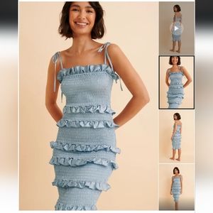 NWT NA-KD dusty French blue satin smocked ruffle midi dress eu 36 small